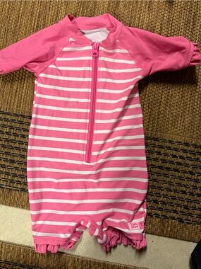 Ruffle Butts Hot Pink and White Striped Zip Front One-Piece Swimsuit